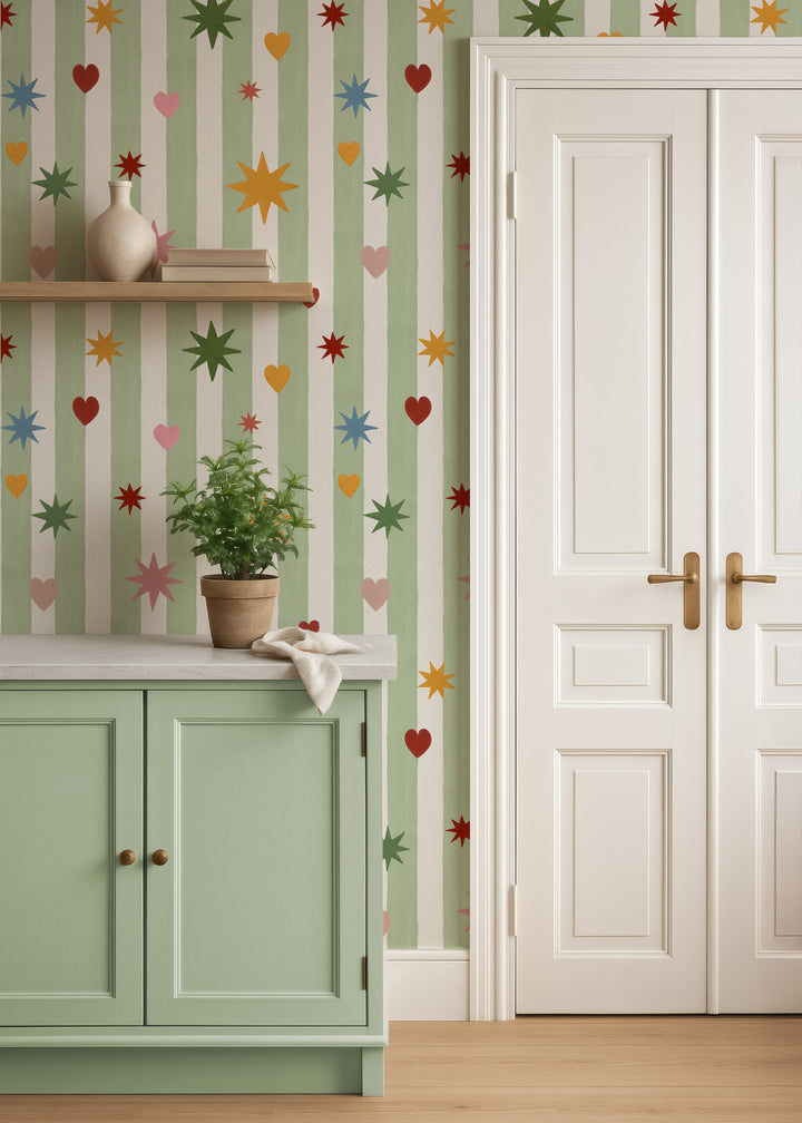 Green Stripes Hearts Stars Wallpaper