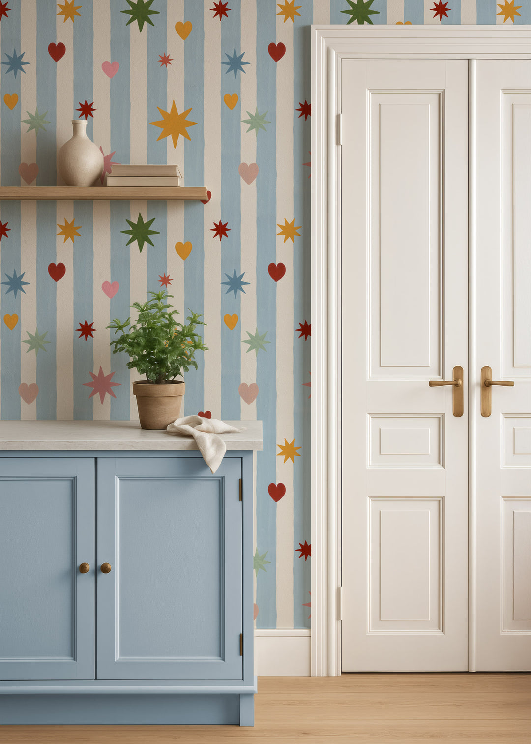 Blue Stripes Hearts Stars Wallpaper
