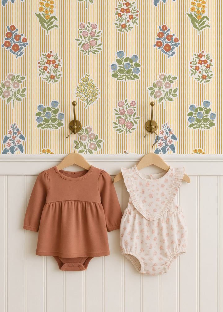 Cottagecore Floral Striped Wallpaper - Yellow