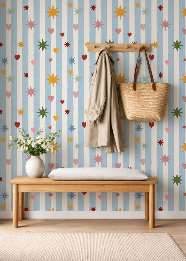 Blue Stripes Hearts Stars Wallpaper