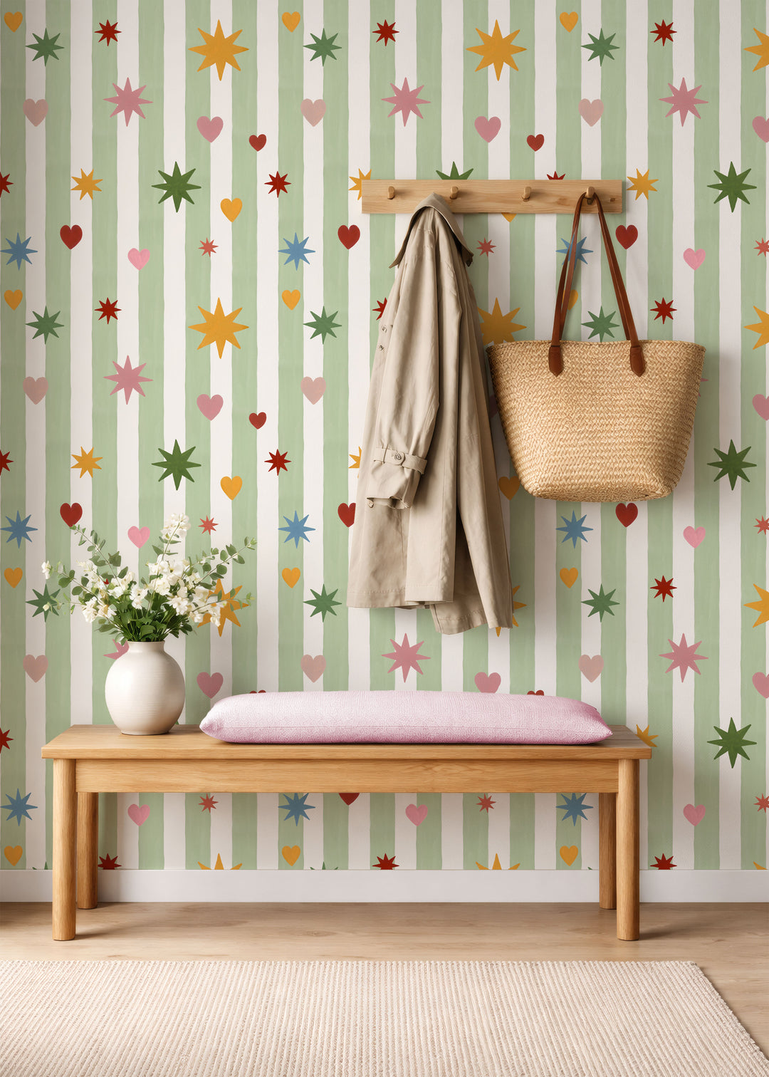 Green Stripes Hearts Stars Wallpaper