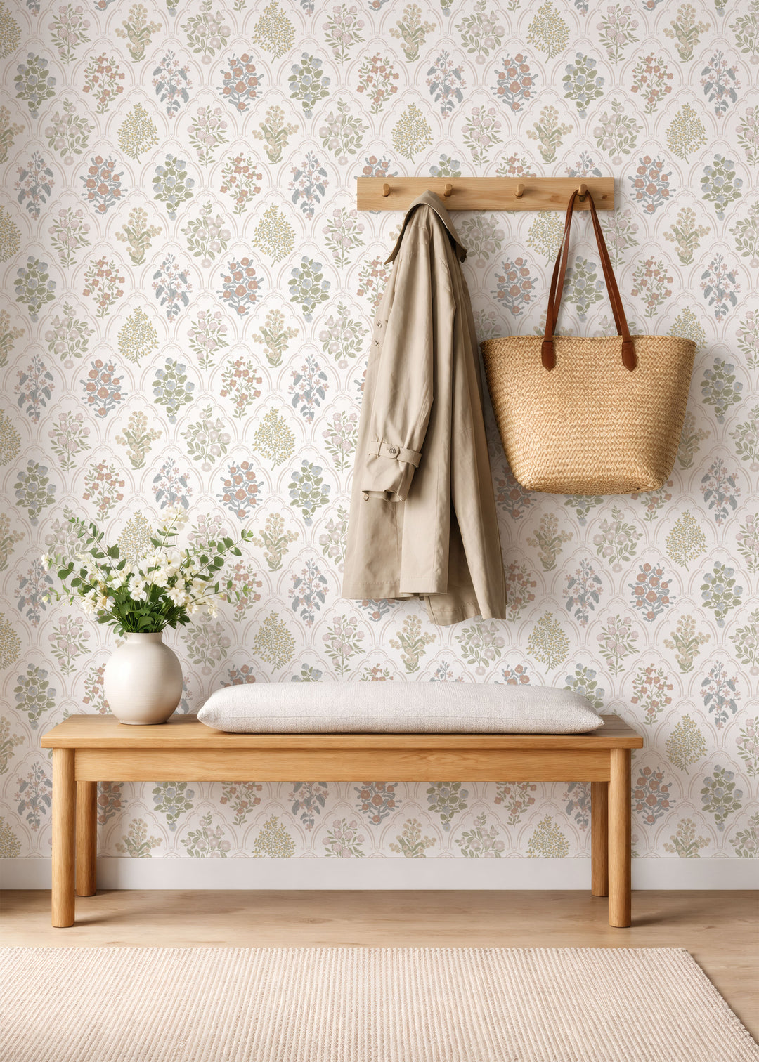 Cottage Arched Scalloped Botanical Wallpaper - Light