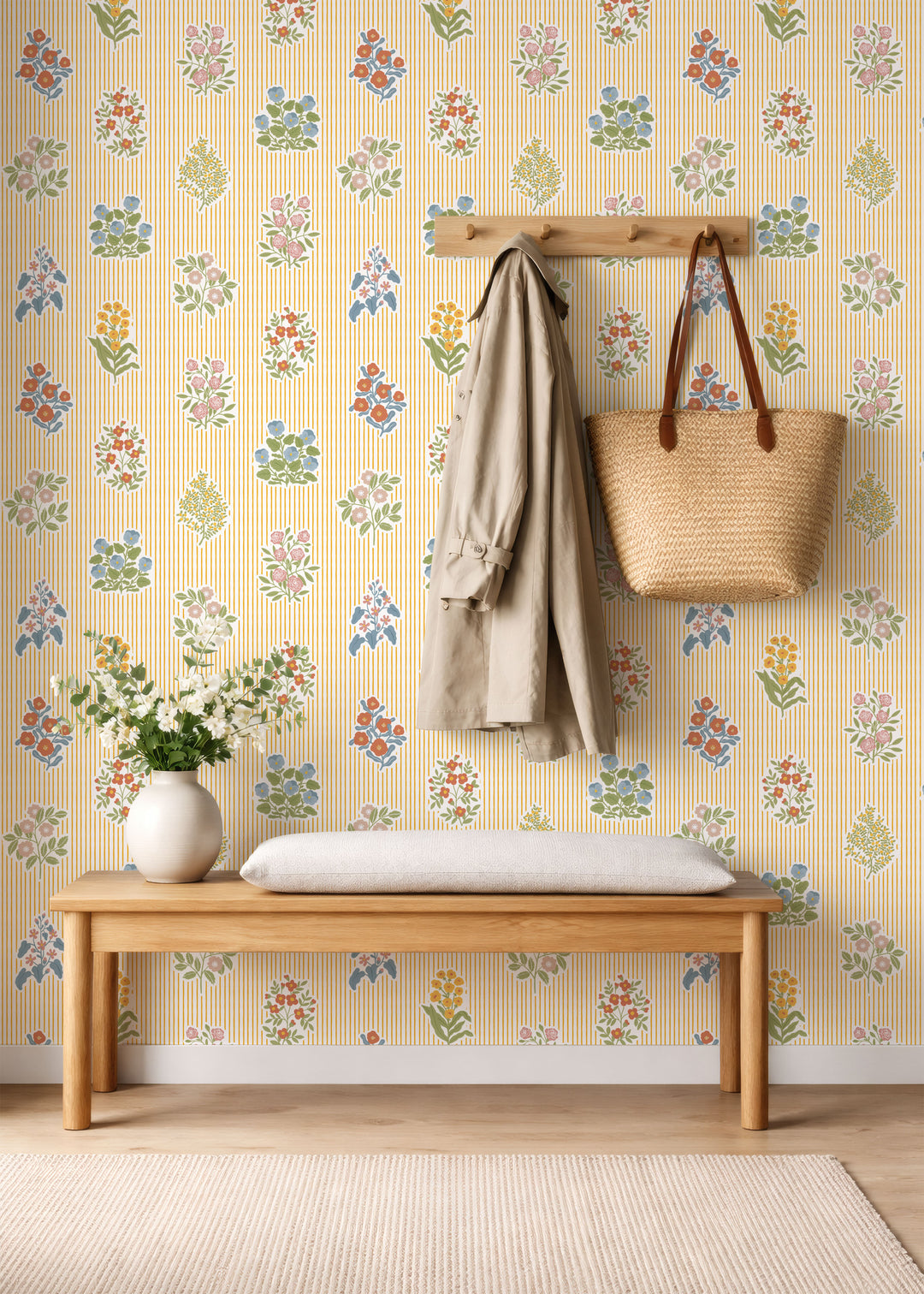 Cottagecore Floral Striped Wallpaper - Yellow