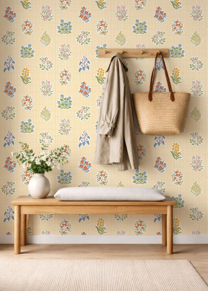 Cottagecore Floral Striped Wallpaper - Yellow