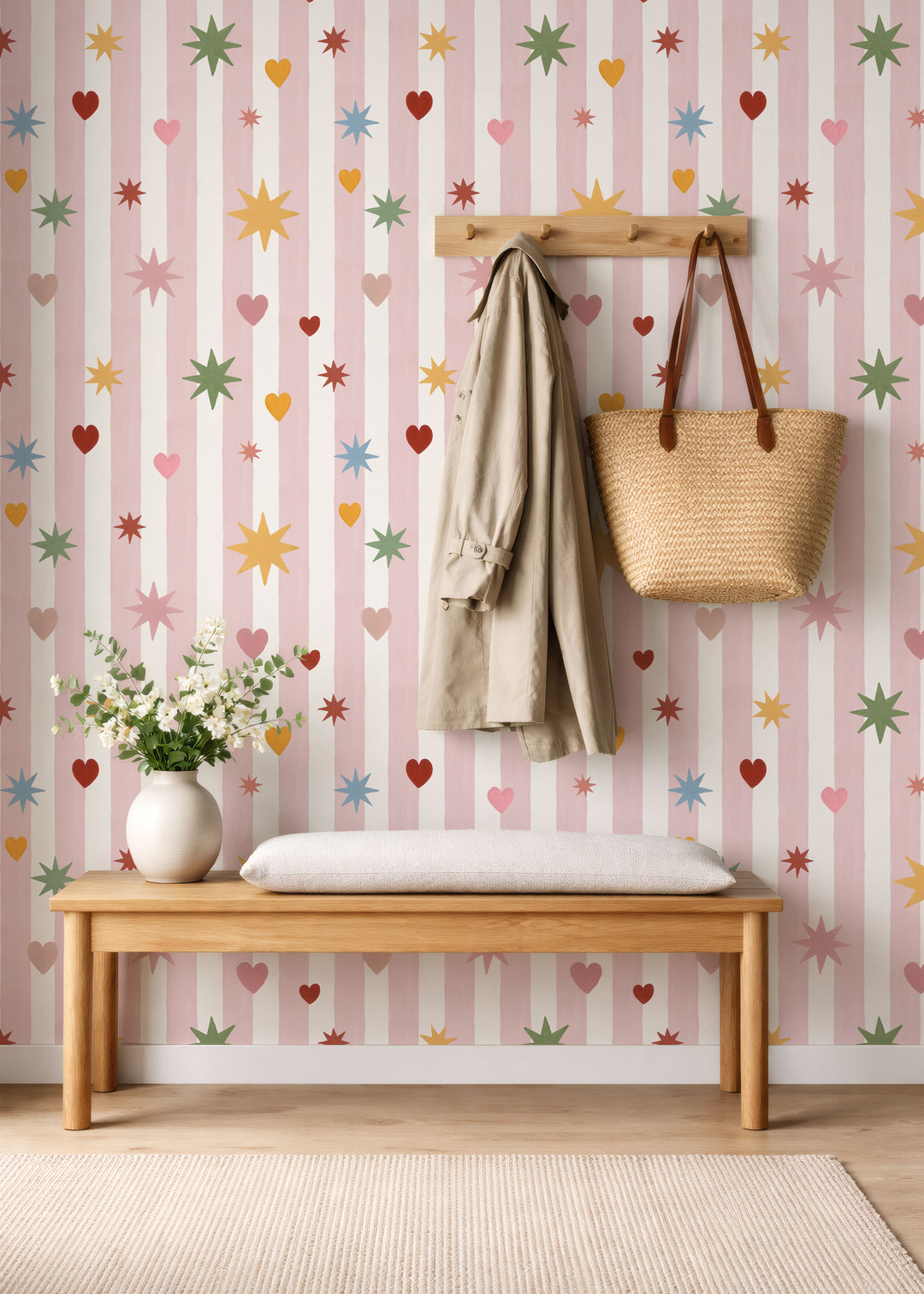 Pink Stripes Hearts Stars Wallpaper
