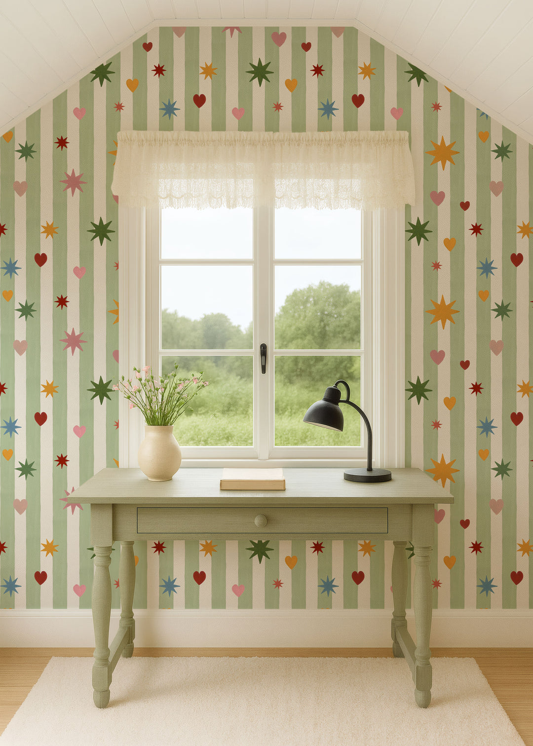 Green Stripes Hearts Stars Wallpaper