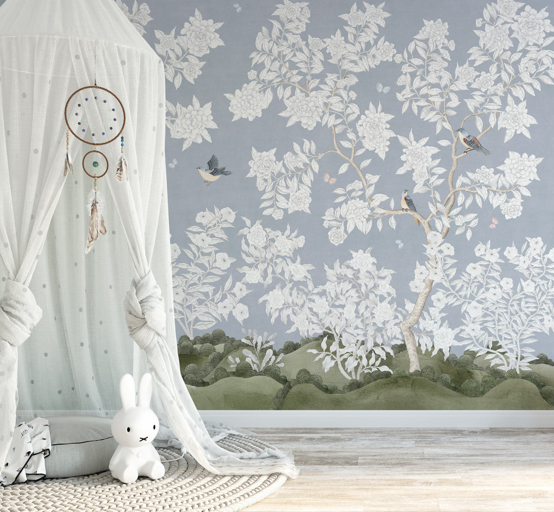 Mural Le Tariche Chinoiserie en neutro y rosa