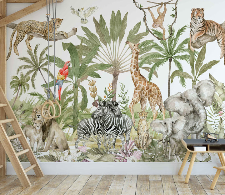 Tropical Paradise Mural | Jungle African Savanna Animals Lion Elephant Giraffe Tiger Cheetah and Monkeys