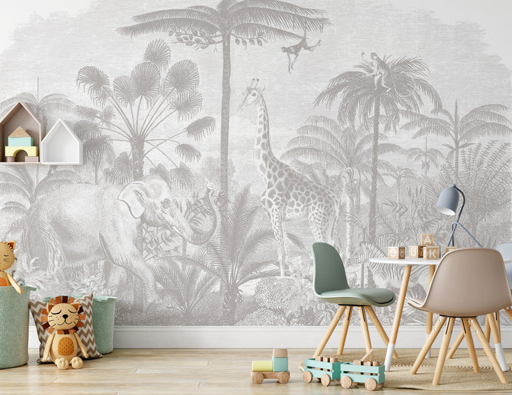 Safari Jungle Mural Wallpaper in Neutral Gray