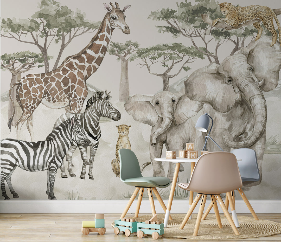 Neutral Safari Storybook Wallpaper Mural