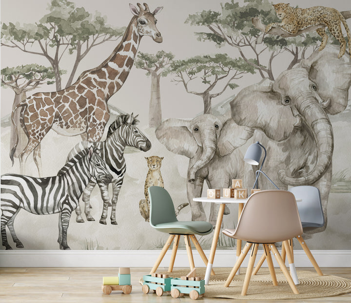 Neutral Safari Storybook Wallpaper Mural