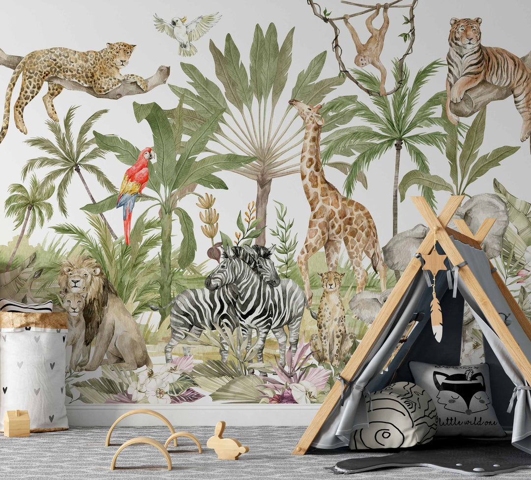 Tropical Paradise Mural | Jungle African Savanna Animals Lion Elephant Giraffe Tiger Cheetah and Monkeys