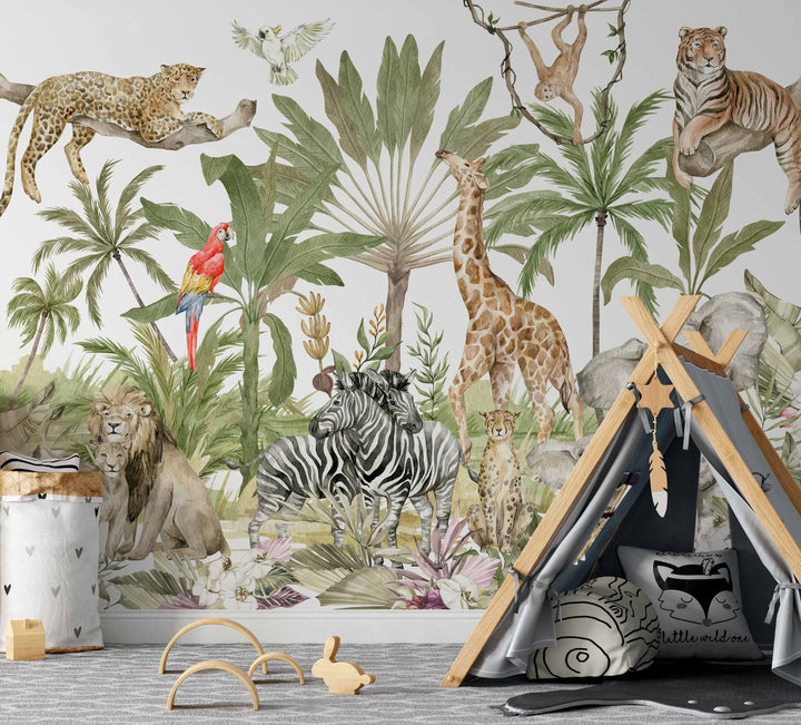 Tropical Paradise Mural | Jungle African Savanna Animals Lion Elephant Giraffe Tiger Cheetah and Monkeys
