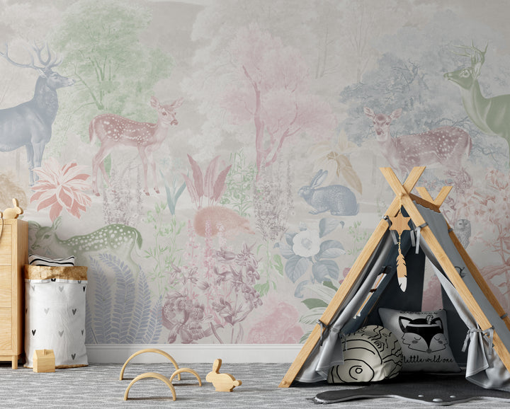 Deer and Bloom Mural in Pastels