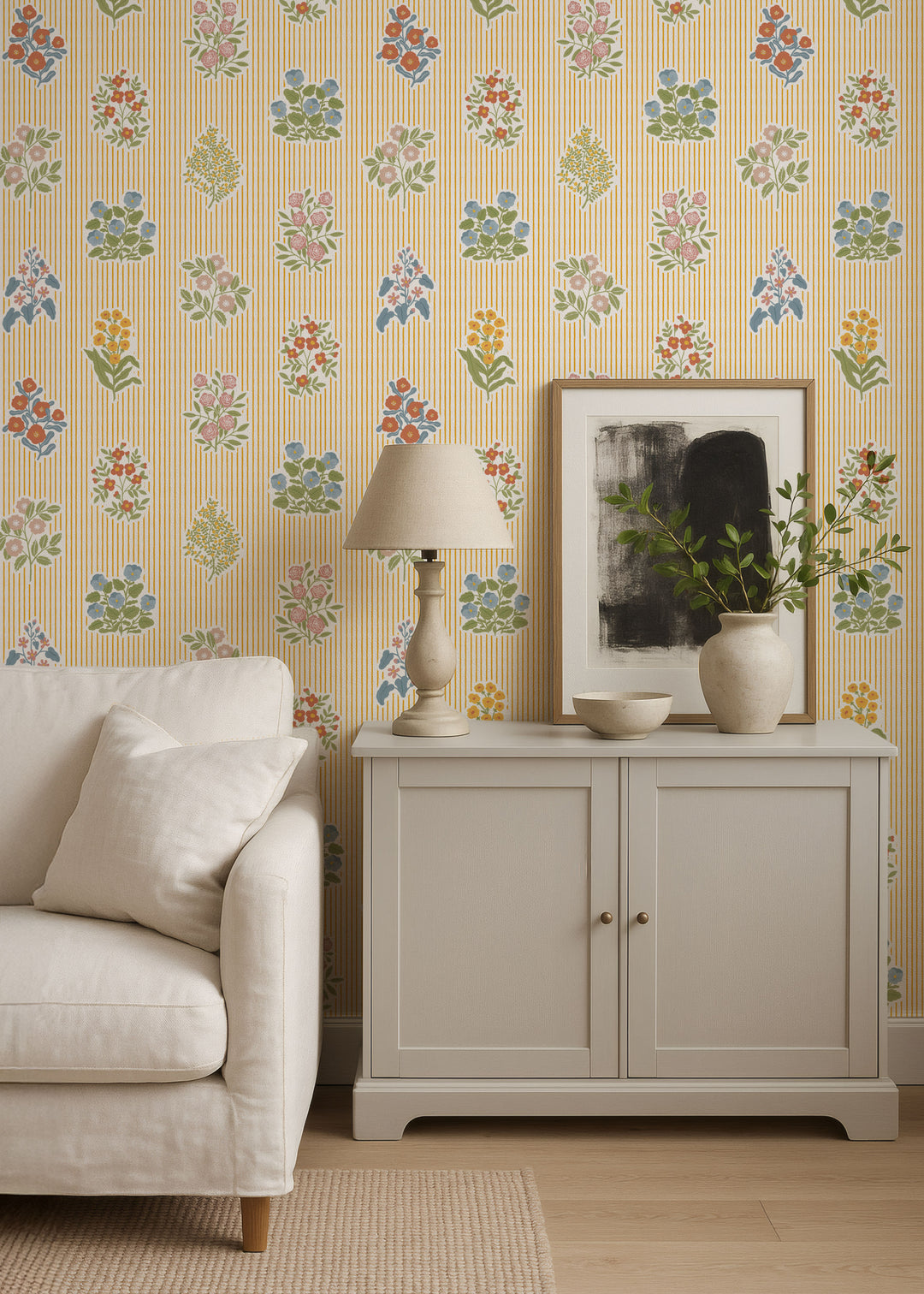 Cottagecore Floral Striped Wallpaper - Yellow