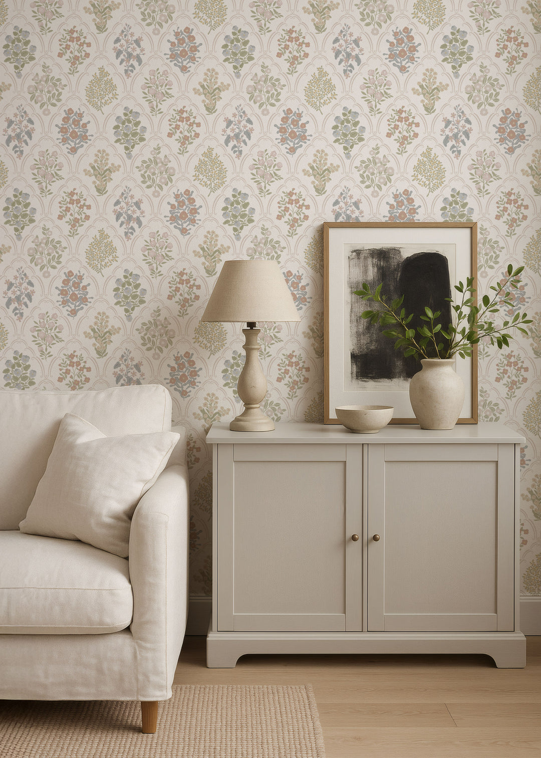 Cottage Arched Scalloped Botanical Wallpaper - Light