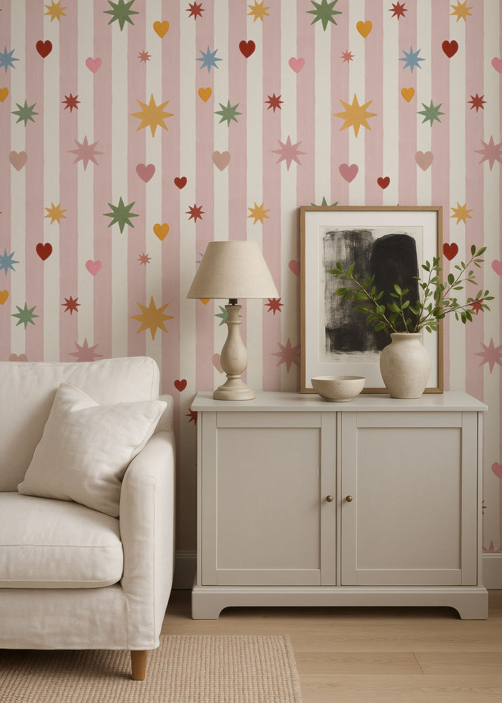 Pink Stripes Hearts Stars Wallpaper