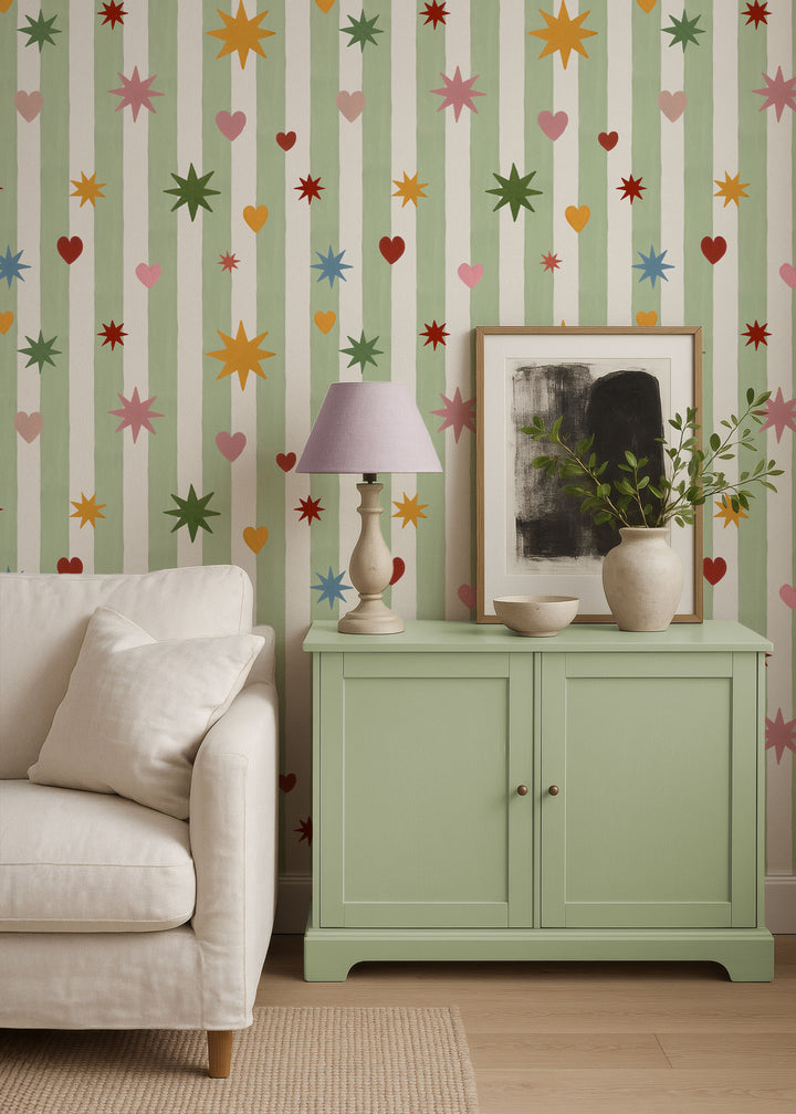 Green Stripes Hearts Stars Wallpaper