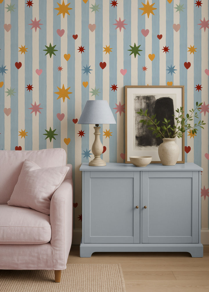 Blue Stripes Hearts Stars Wallpaper
