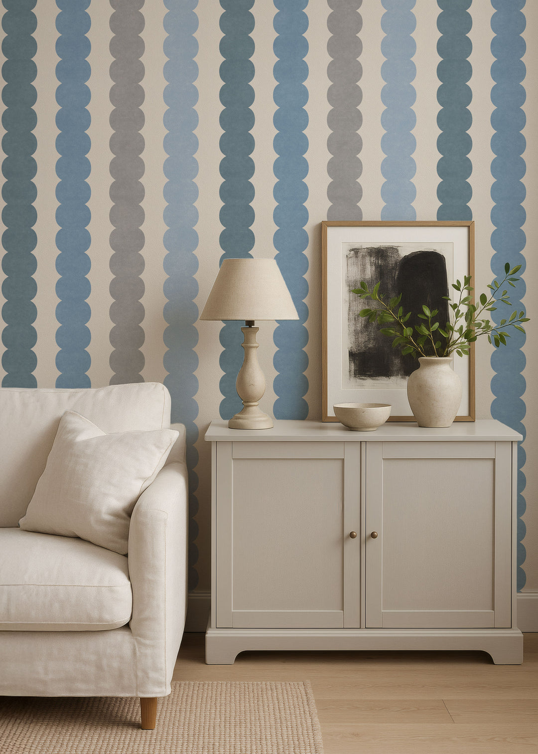 Minimal Pebble Column 4 Stripe Wallpaper – Blue, Gray and Off White