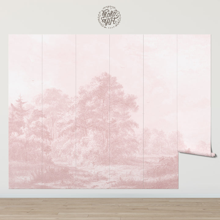 Mural de paisaje clásico de bosque antiguo rosa