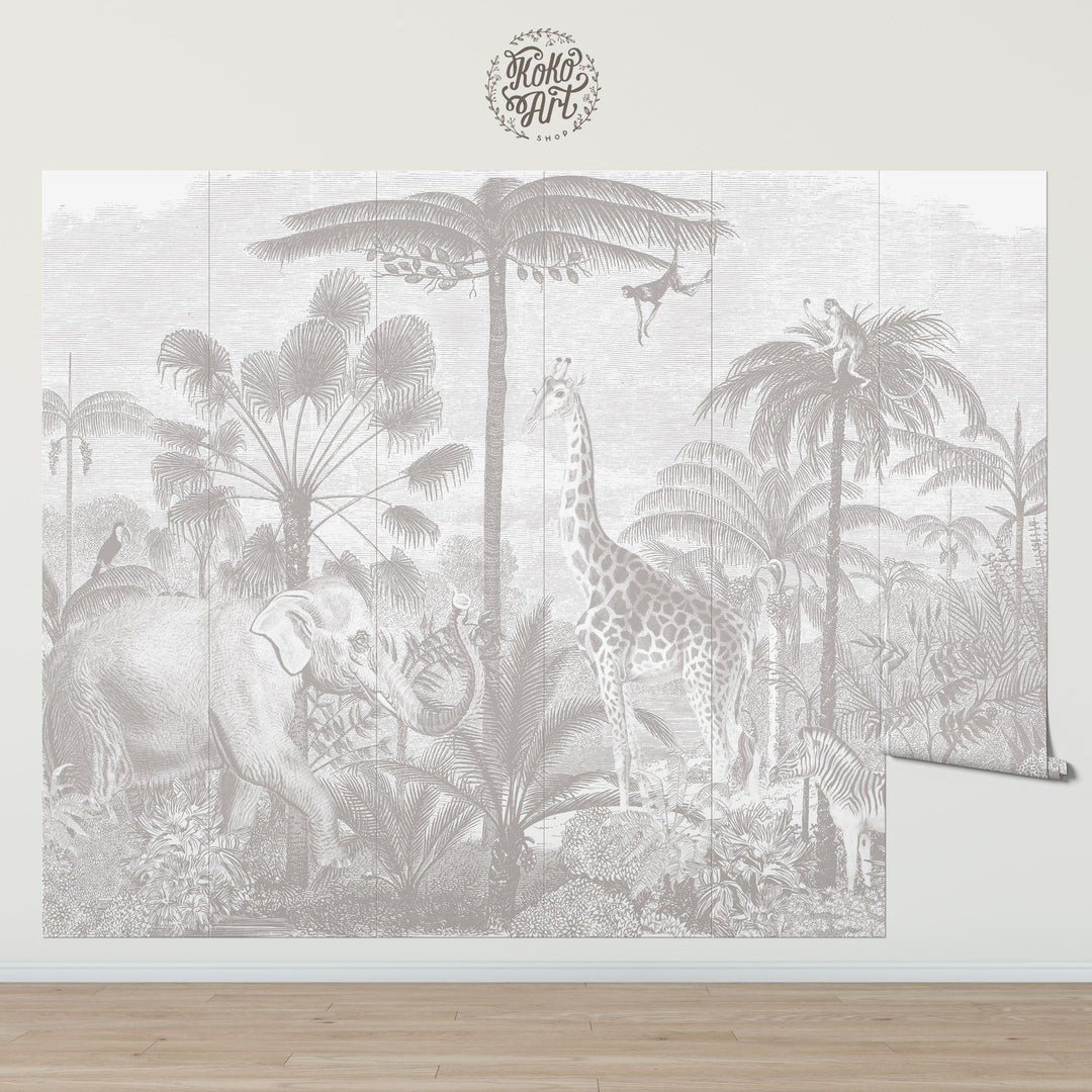 Safari Jungle Mural Wallpaper in Neutral Gray