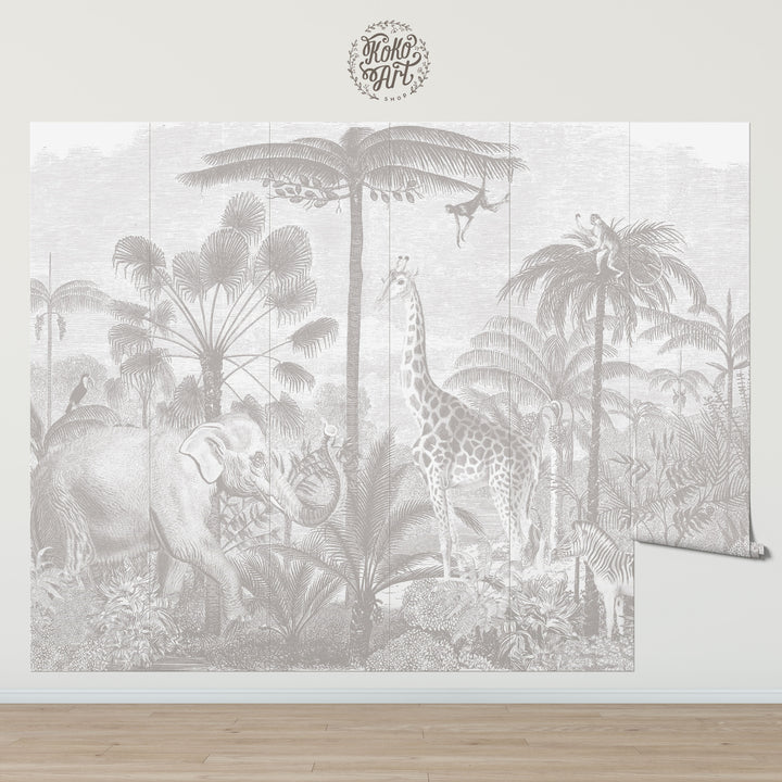 Safari Jungle Mural Wallpaper in Neutral Gray