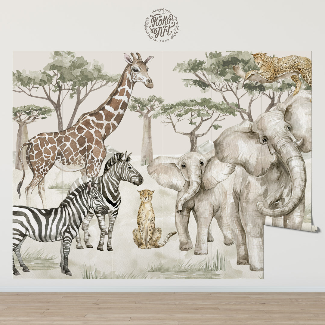 Neutral Safari Storybook Wallpaper Mural