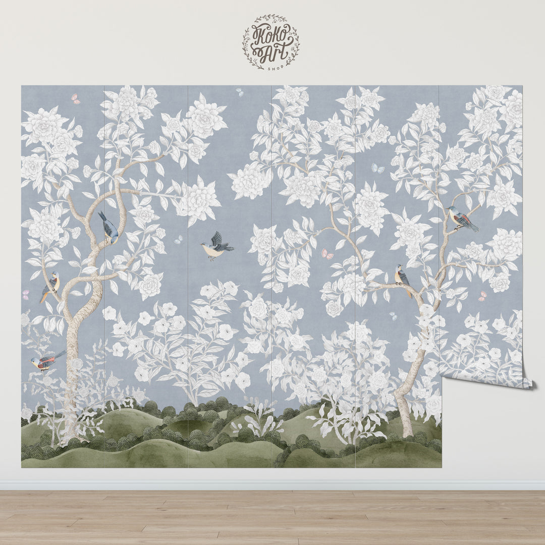 Mural Le Tariche Chinoiserie en neutro y rosa
