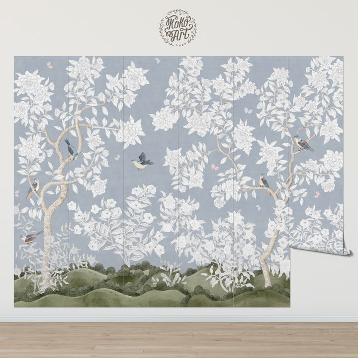 Mural Le Tariche Chinoiserie en neutro y rosa