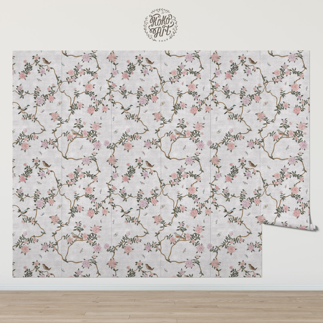 L’Atelier Botanique Chinoiserie Revival Wallpaper Mural in Gray Fog