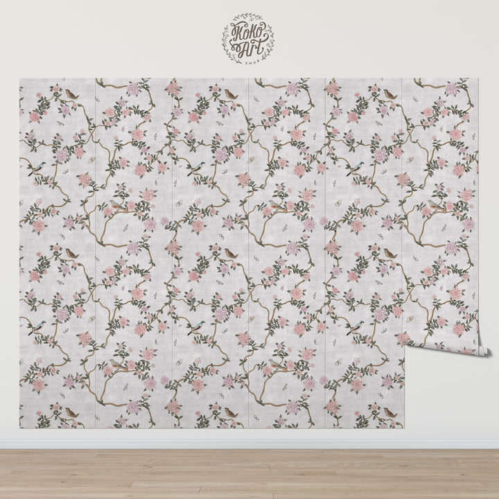 L’Atelier Botanique Chinoiserie Revival Wallpaper Mural in Gray Fog