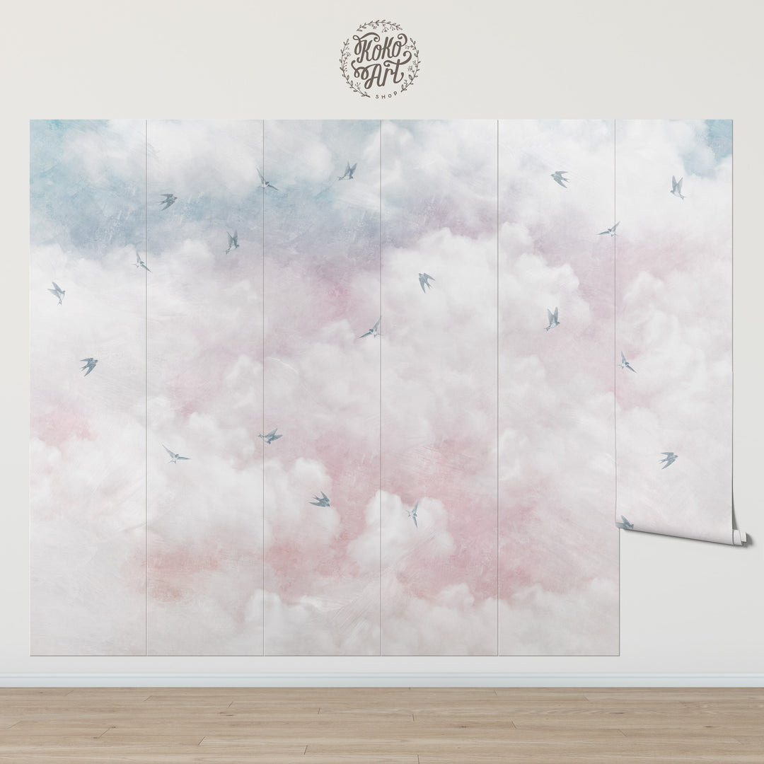 Antique Sunset Sky With Swallows