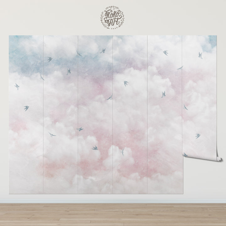 Antique Sunset Sky With Swallows