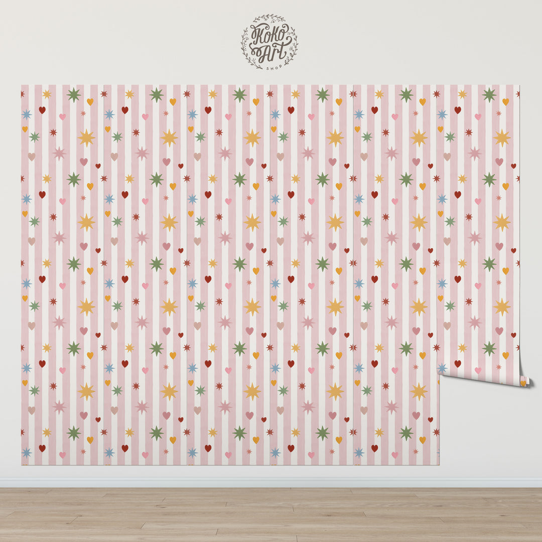 Pink Stripes Hearts Stars Wallpaper