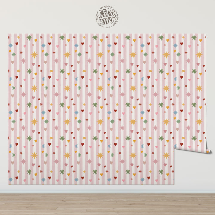 Pink Stripes Hearts Stars Wallpaper