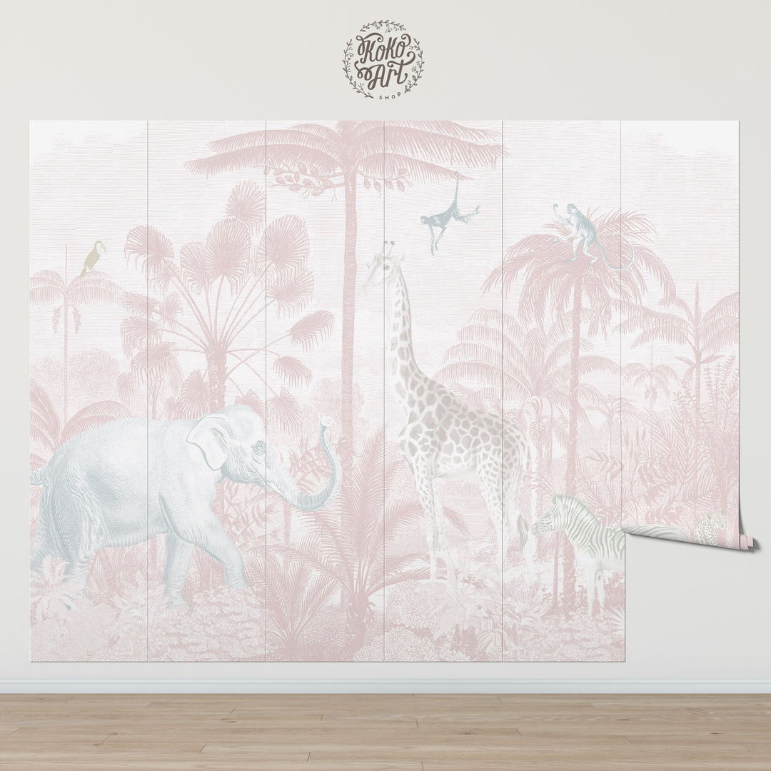 Safari Jungle Mural Wallpaper in Pink