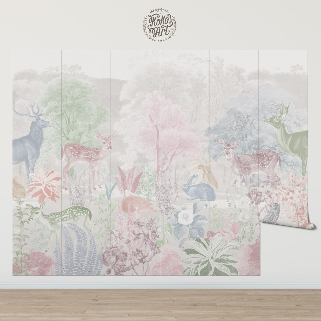 Deer and Bloom Mural in Pastels