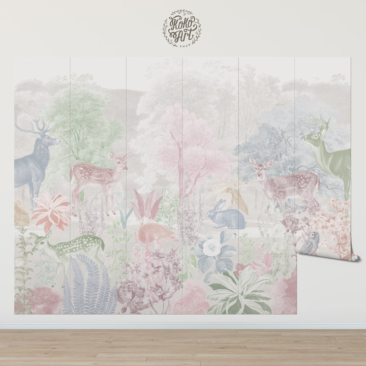 Deer and Bloom Mural in Pastels