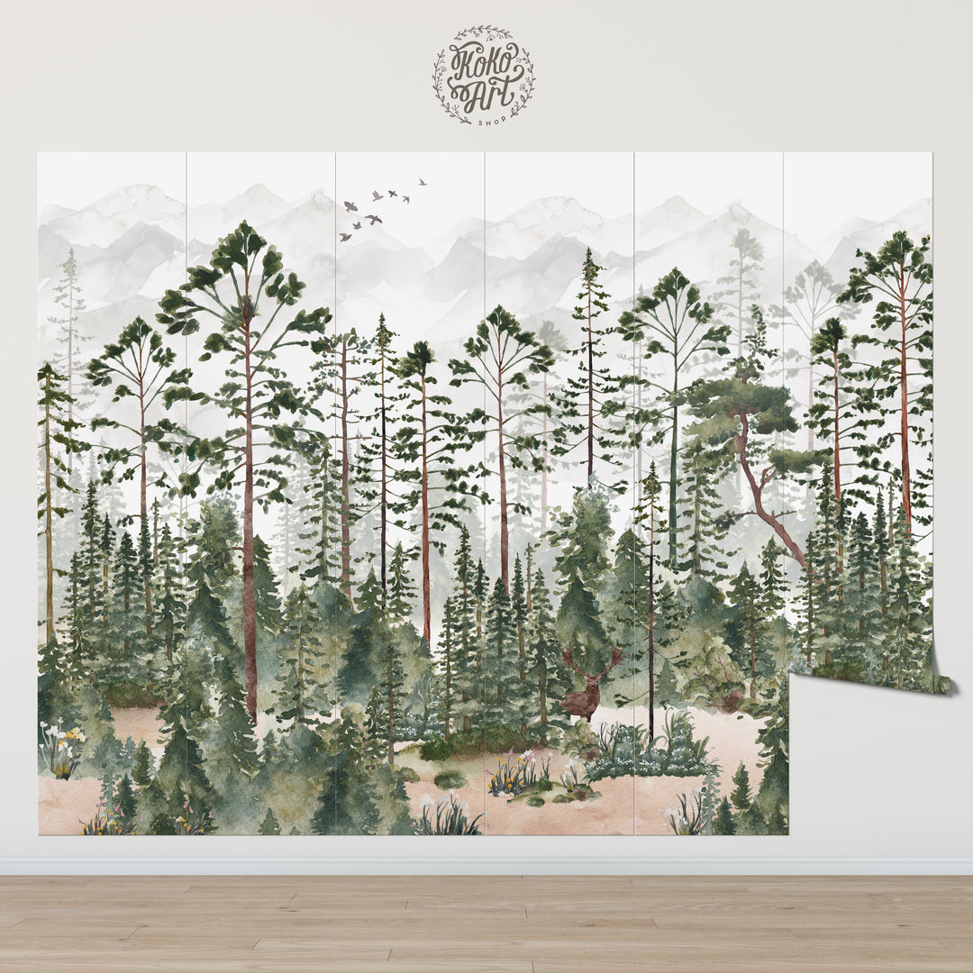 Mural de bosque de pinos brumosos