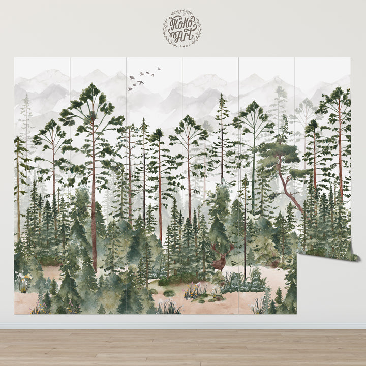 Mural de bosque de pinos brumosos
