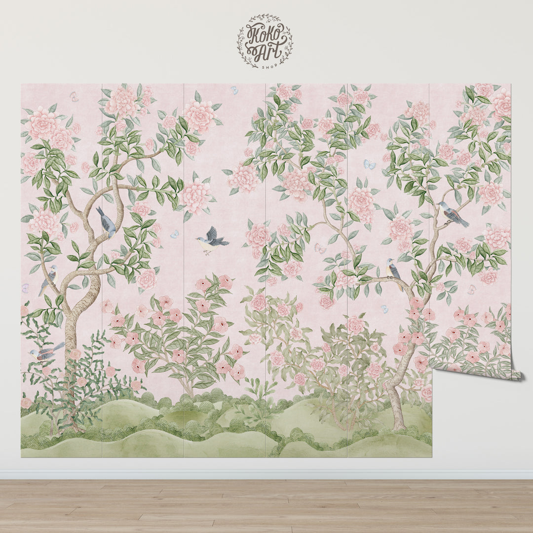 Mural Le Tariche Chinoiserie en neutro y rosa