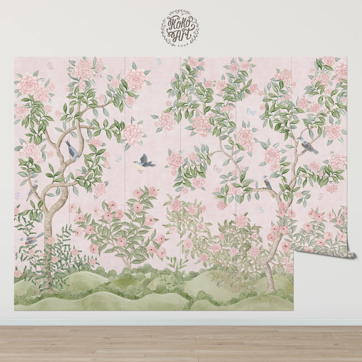 Mural Le Tariche Chinoiserie en neutro y rosa