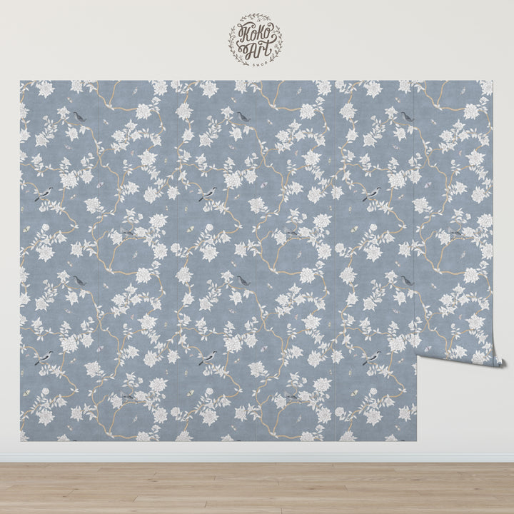 L’Atelier Botanique Chinoiserie Revival Wallpaper Mural in Denim Blue