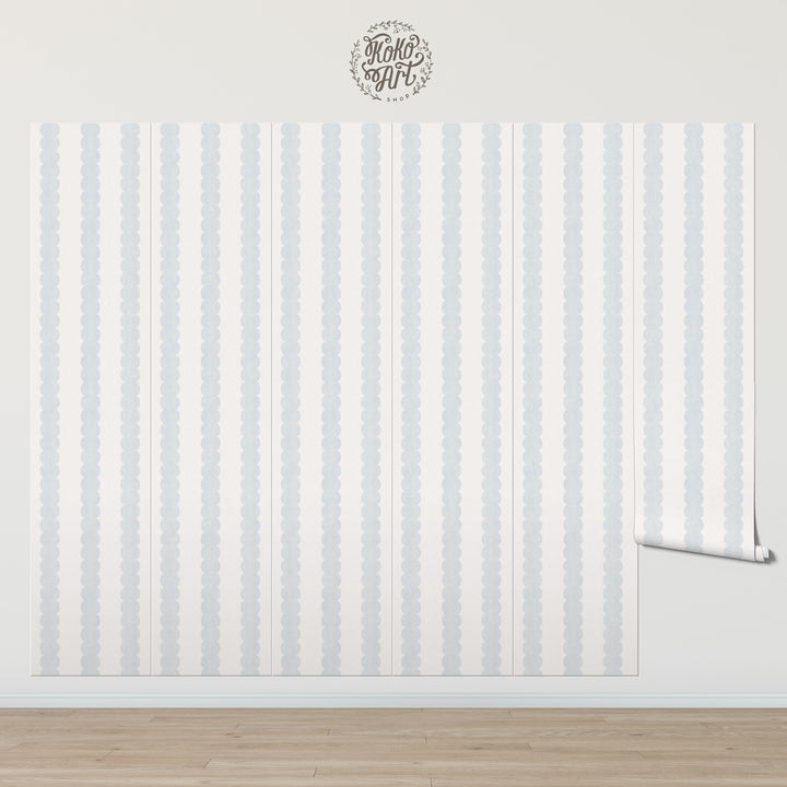Pebble Column Stripe Wallpaper in Light Blue and Off White