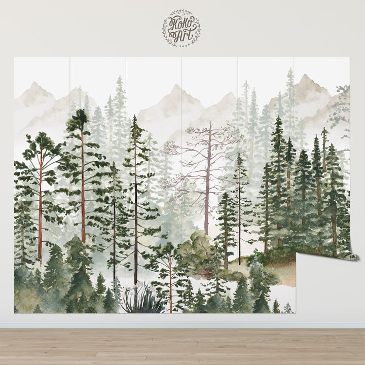 Mural de bosque de pinos brumosos