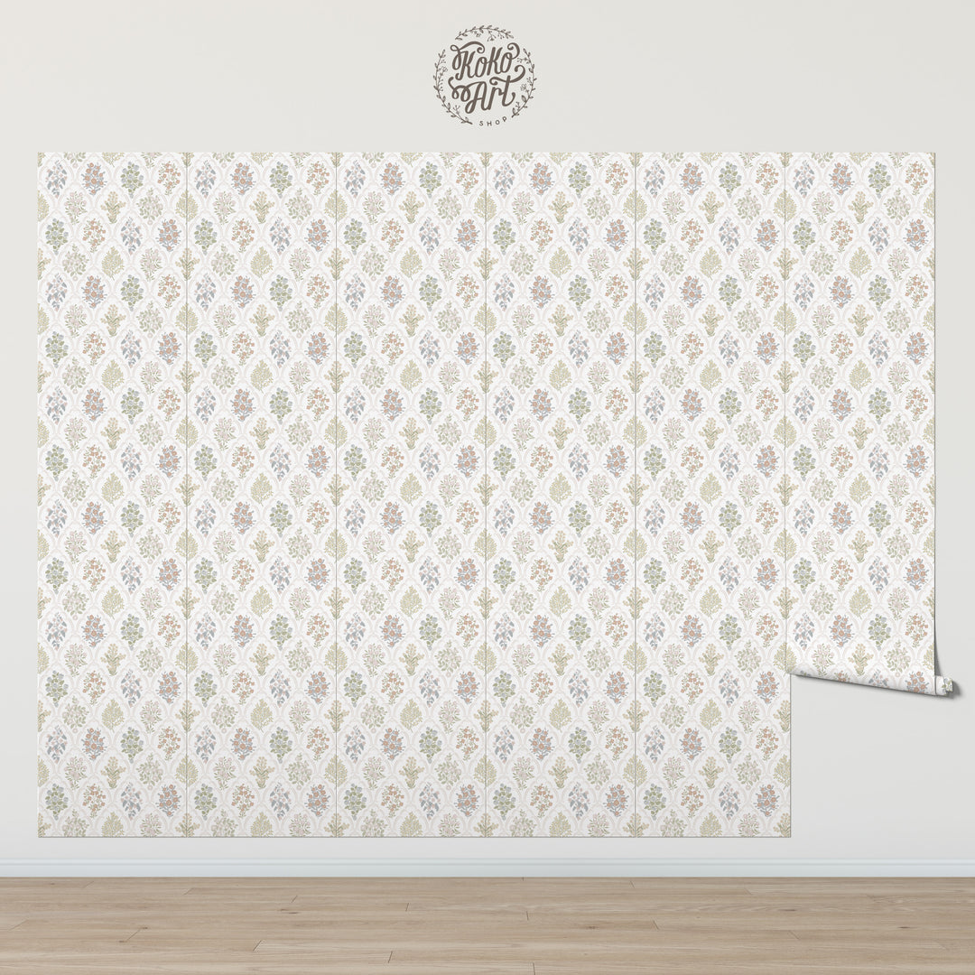 Cottage Arched Scalloped Botanical Wallpaper - Light