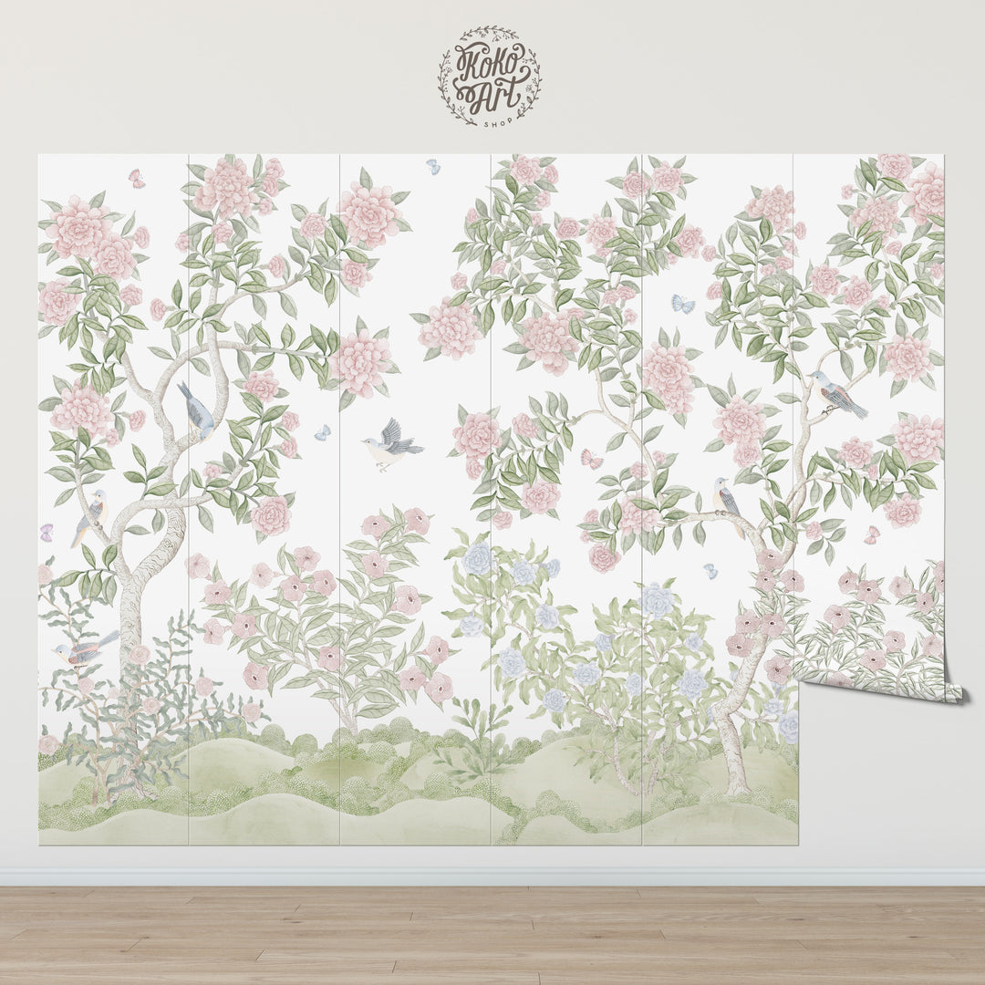 Mural Le Tariche Chinoiserie en neutro y rosa