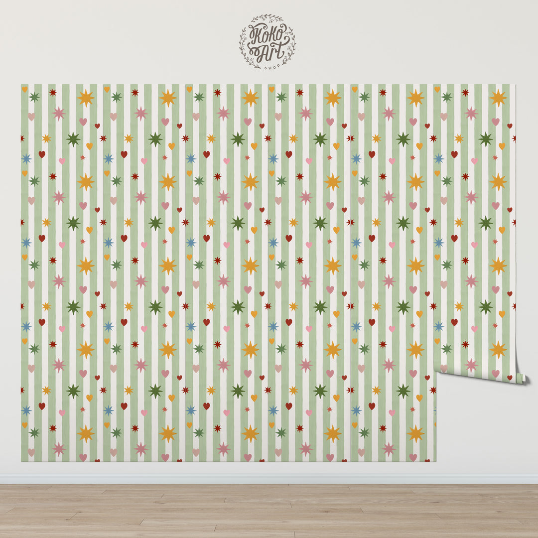Green Stripes Hearts Stars Wallpaper