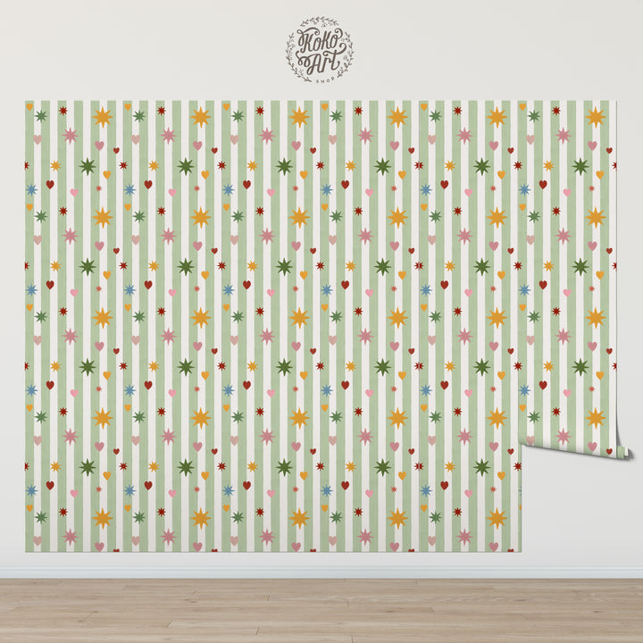 Green Stripes Hearts Stars Wallpaper